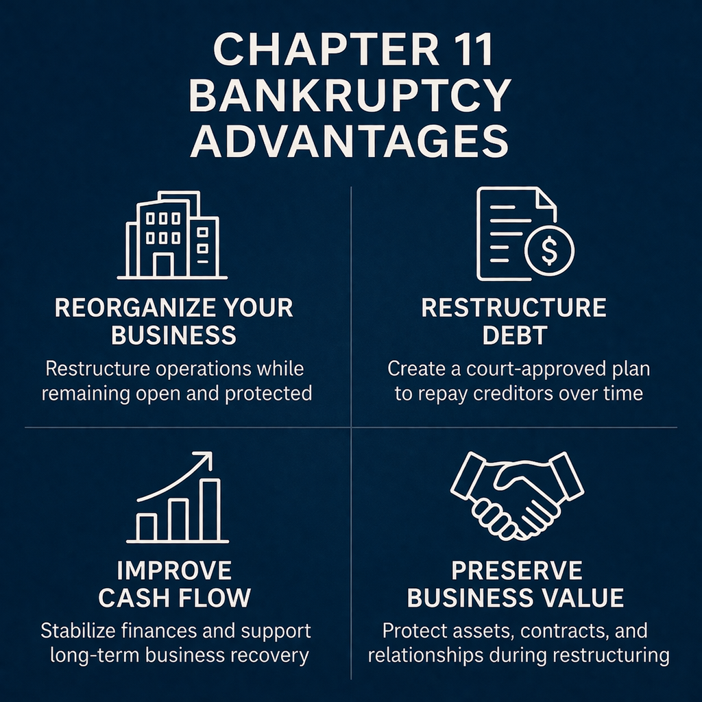Chapter 11 bankruptcy advantages infographic for restructuring debt and preserving business value