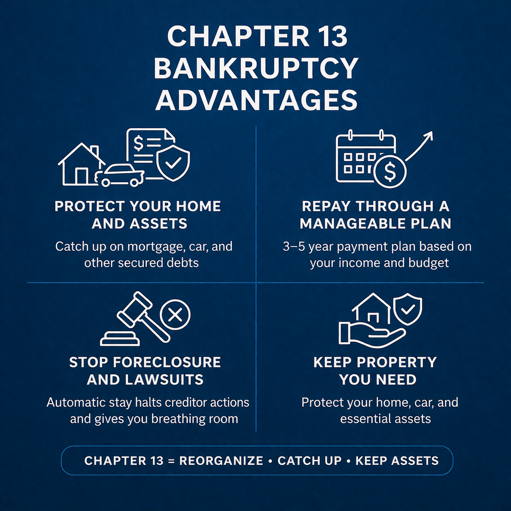 Chapter 13 bankruptcy advantages infographic for repayment plans and asset protection